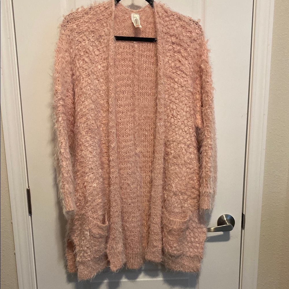 Fluffy Pink Open-Front Cardigan Sweater